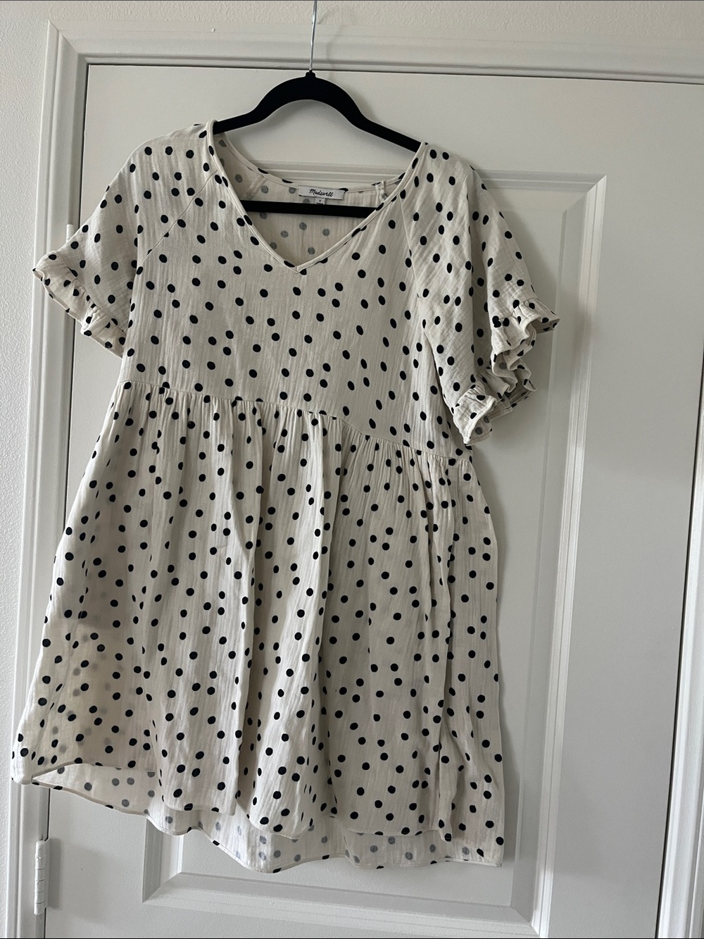 Polka Dot V-Neck Babydoll Dress - Cream with Black Dots